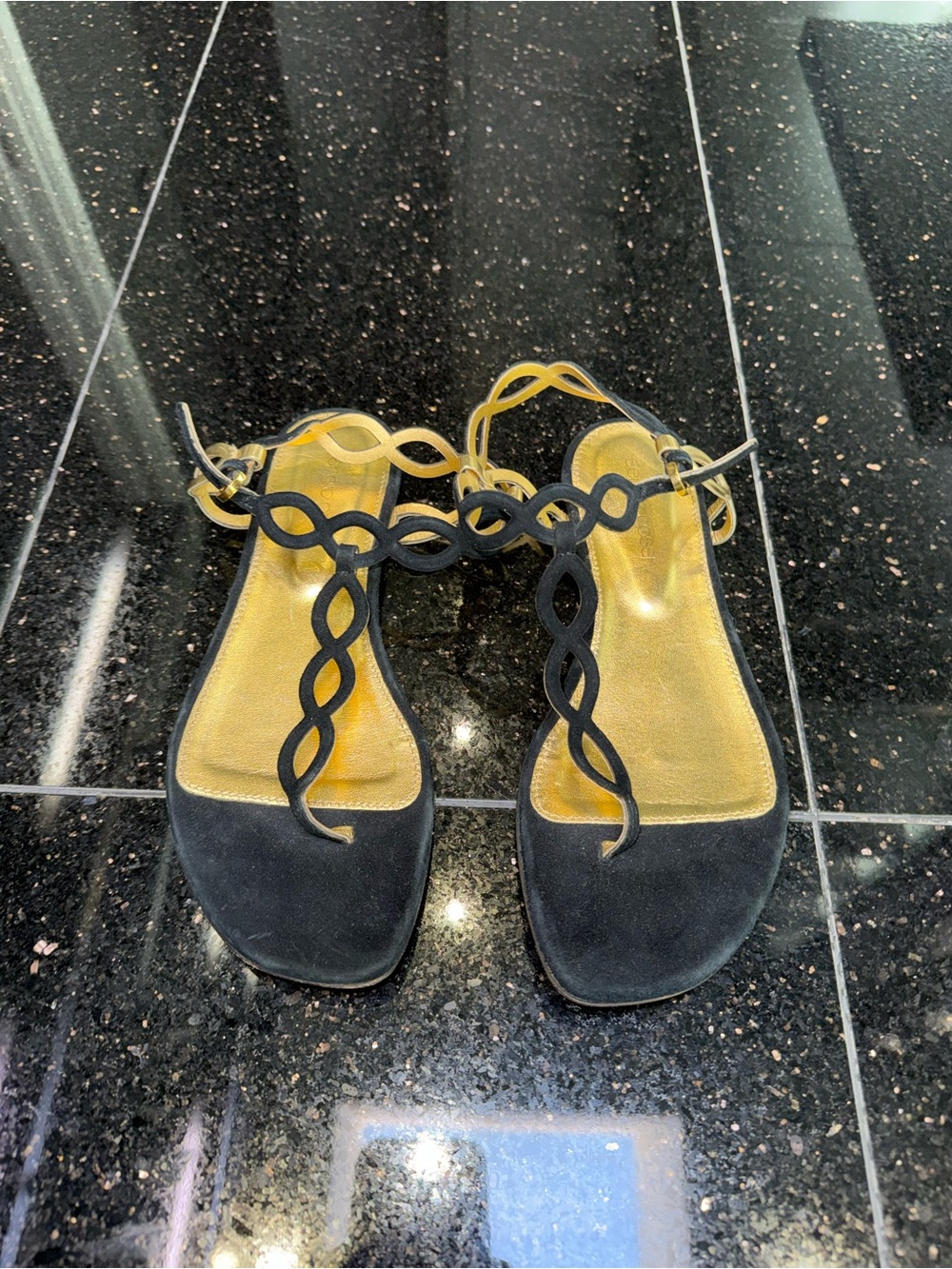 Sergio Rossi Black Suede & Gold Twisted Strap Designer Sandals EU 37